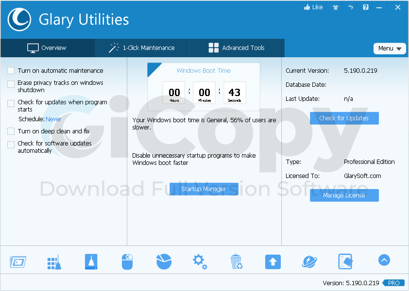 Glary Utilities Pro 5.190.0.219 Interface gicopy.com